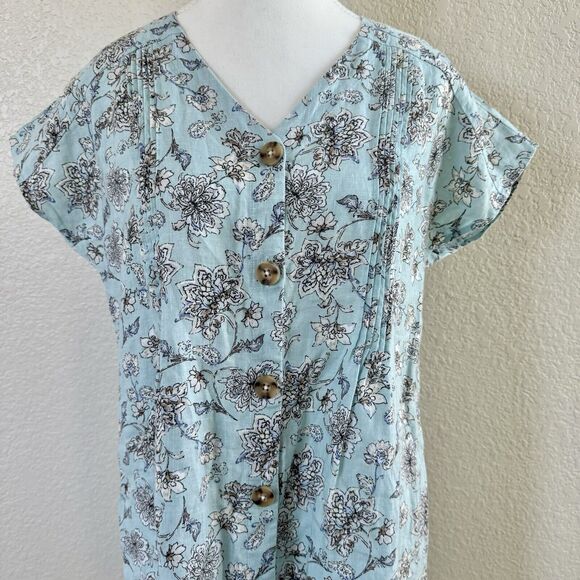 J. Jill Love Linen Size X-Small Blue White Floral V-Neck Short Sleeve Dress - Picture 2 of 12